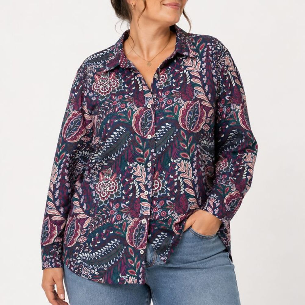 Talbots Plus 2X Paisley Floral Button Up Shirt Purple Blue Boho Cottagecore